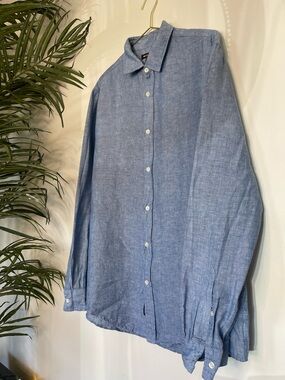 MICHAEL KORS | UNISEX | Blue Linen Blend Button Down Shirt | Classic Fit | Large